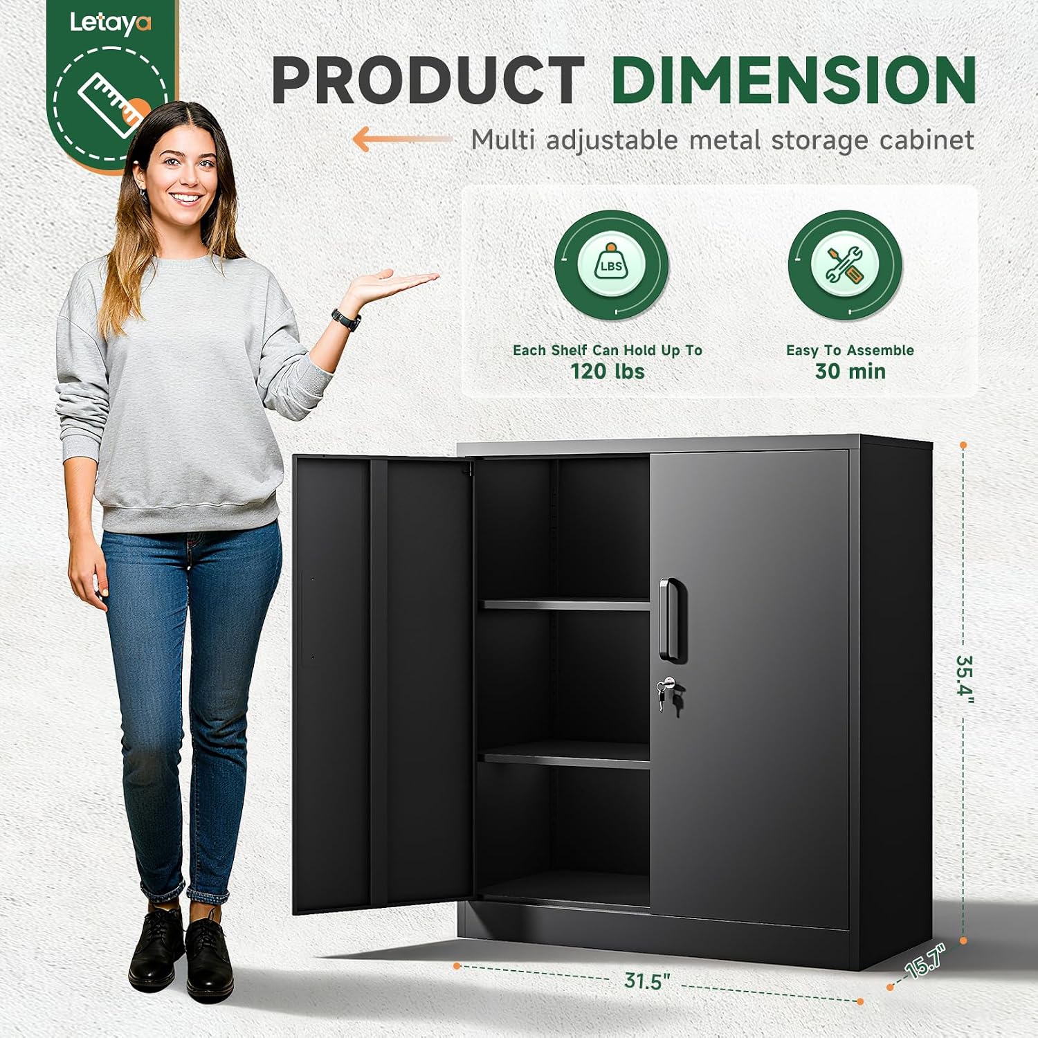 Letaya Metal Storage Cabinets with Lock, Small Locker Steel Cabinets, Adjustable Shelves 2 Doors for Home,Office, Warehouse,Garage(Black-36)