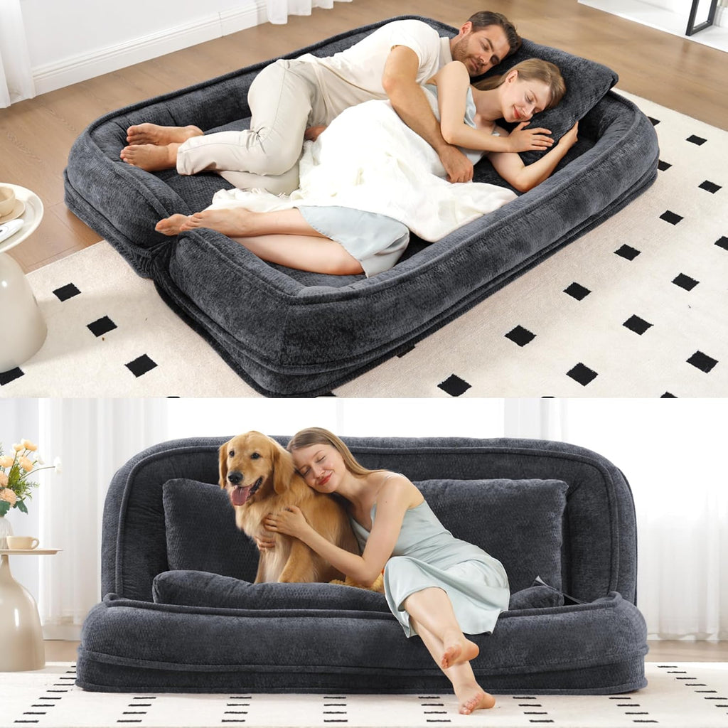 Floor Chair with Back Support, Human Dog Bed, Folding Loveseat with 5 Adjustable Position, 2 Pillows, Chenille Meditation Gaming Chair for Lazy Boys, Living Room, Lounge, Bedroom, Dark Grey