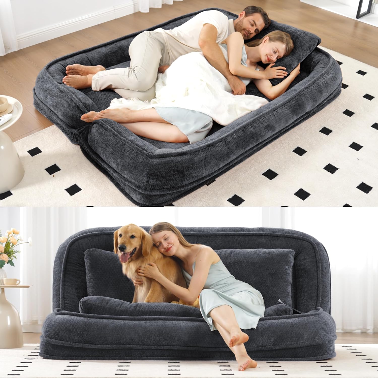 Floor Chair with Back Support, Human Dog Bed, Folding Loveseat with 5 Adjustable Position, 2 Pillows, Chenille Meditation Gaming Chair for Lazy Boys, Living Room, Lounge, Bedroom, Dark Grey