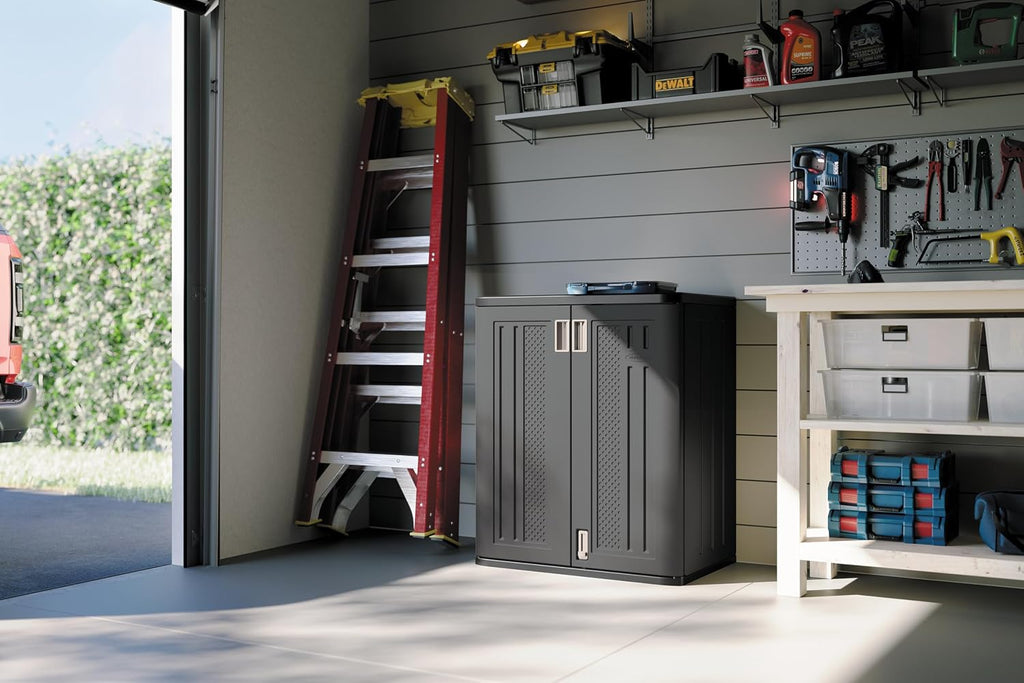 Suncast Base Storage Cabinet for Garage Organization, 9 Cu. Ft. Capacity, Black - Lockable Multi-Wall 2-Shelf Resin Organizer for Garden Supplies, Paint Cans & Outdoor Tools