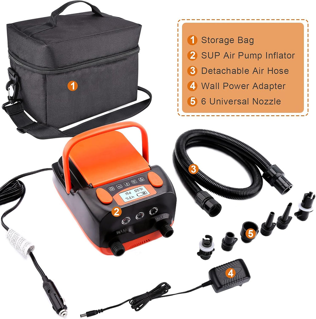 AGPTEK Electric Air Pump Digital 16PSI 12V Rechargeable SUP Electric Air Pump Compressor, Quick Air Inflator/Deflator, Portable Electric High Pressure Air Pump for Air Mattresses, Inflatable Boats