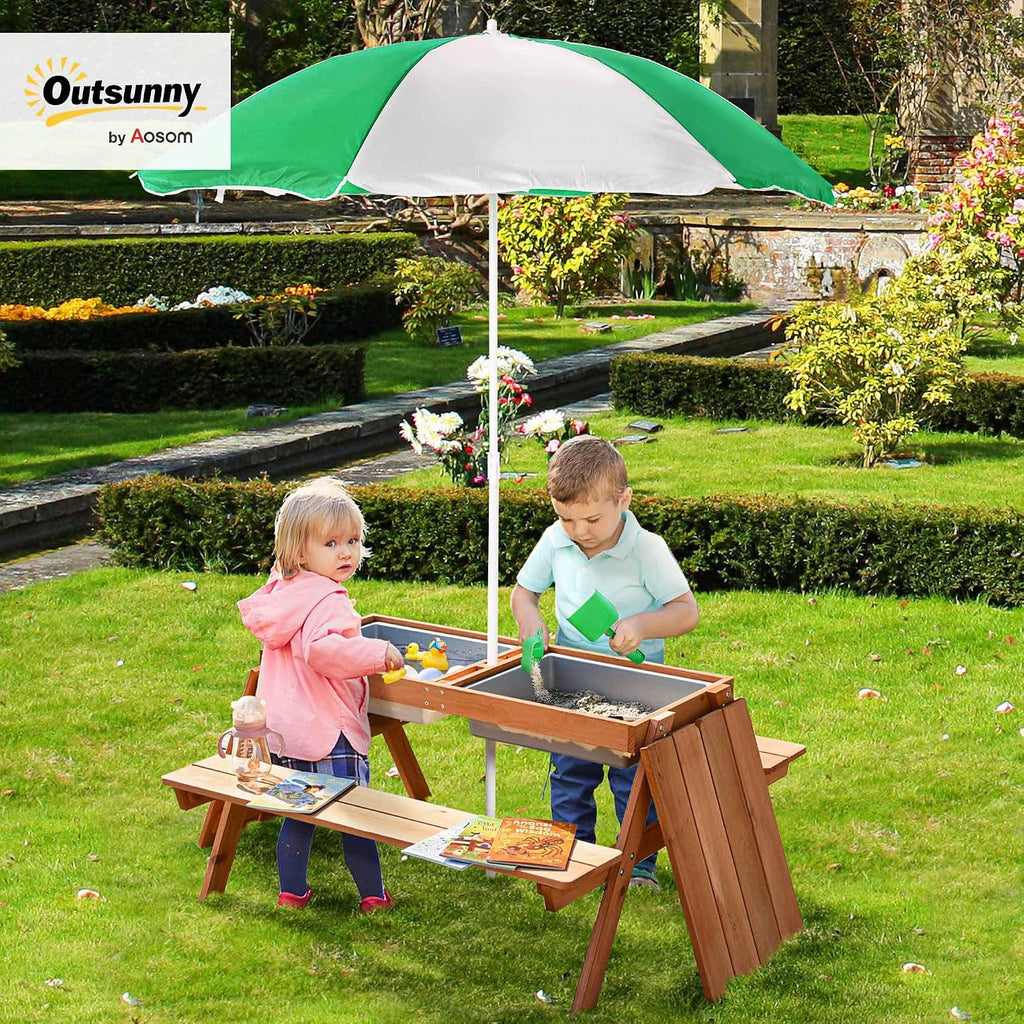 Outsunny Kids 3 in 1 Sand and Water Table, Wooden Outdoor Convertible Picnic Table with Umbrella and Storage Inside, Bench Backyard Furniture for Garden, Patio, or Balcony
