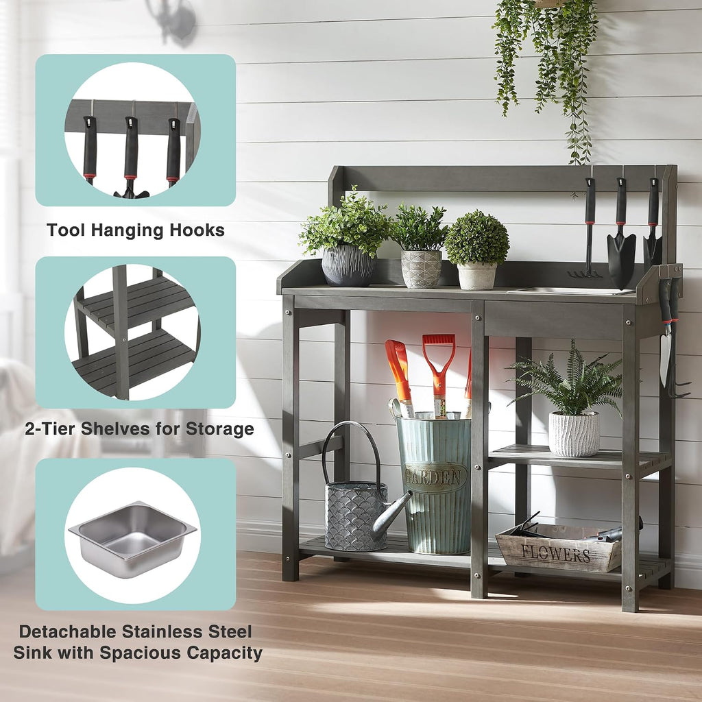 Psilvam Outdoor Potting Bench with Sink, Rot-Resistant HDPS Potting Table for Outside Garden, All-Weather Use, (Grey)