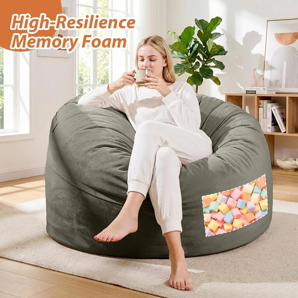 4FT Bean Bag Chair, Bean Bag Chairs for Adults and Kids, Fluffy and Comfy Bean Bag with Velvet Cover, Bean Bag with Memory Foam Filled for Gaming, Living Room, Playroom (Dark Grey)