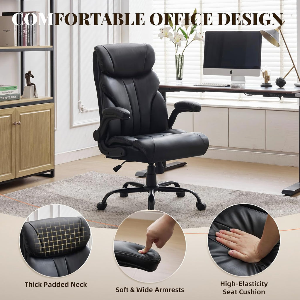 Comfortable Office Desk Chair 500 LBS, Big and Tall Office Chairs with Adjustable Flip-up Armrests,100-118°Recline Executive Leather Gaming Chair for Heavy People, Long Hours,Black