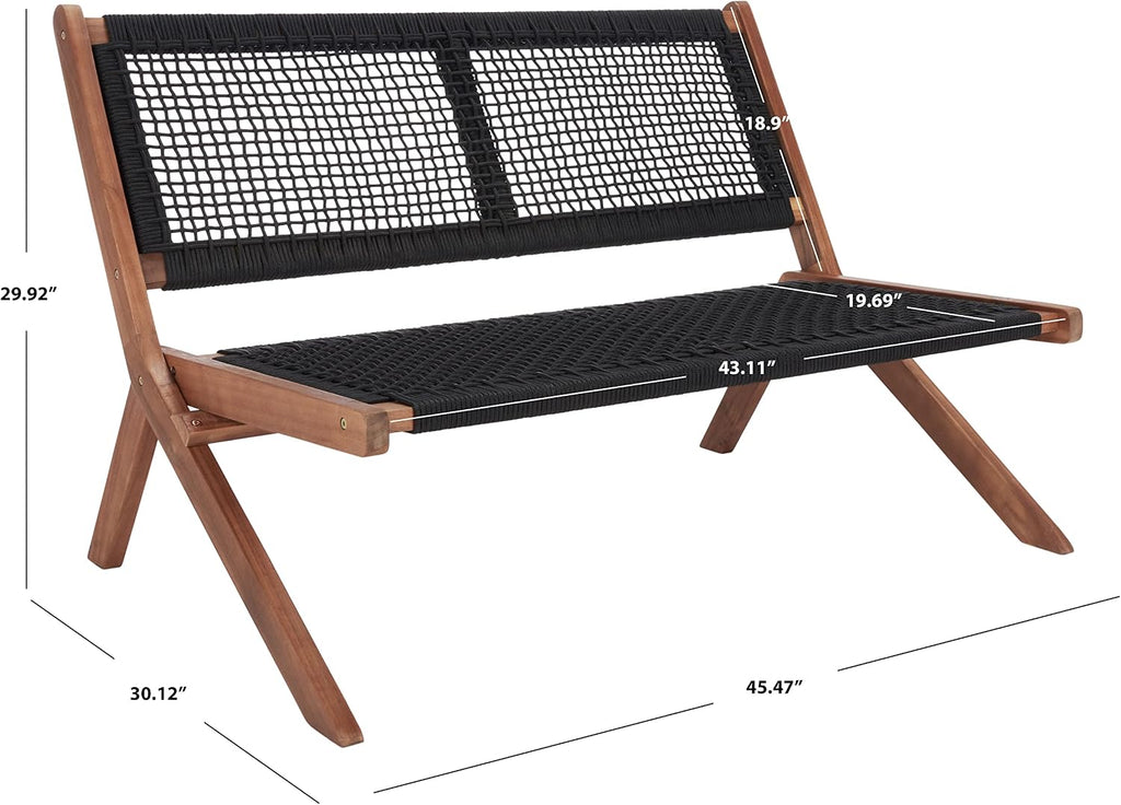 SAFAVIEH Outdoor - Kobina Folding Bench - Natural & Black - Solid Wood and Rope - Modern Sculpted Folding Design - Ideal for Patio, Deck, Porch, Backyard, 13.8' Seat Height (PAT7304E)