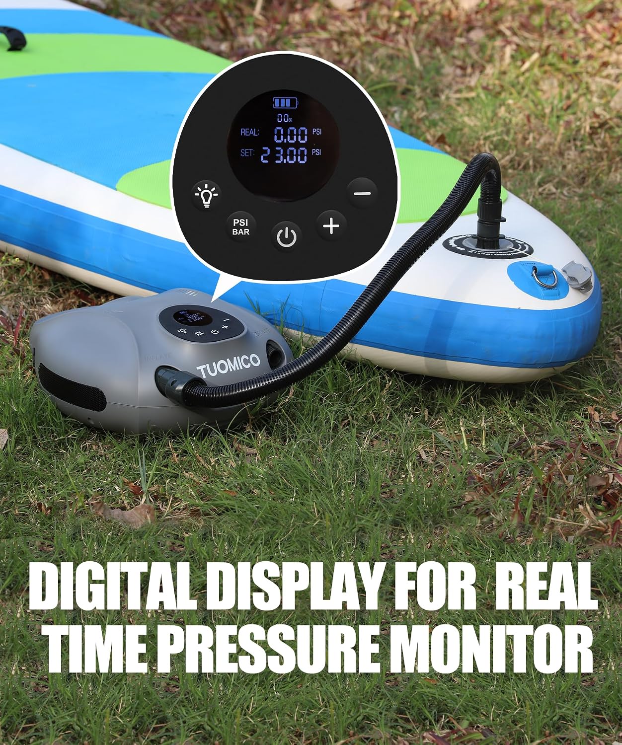 Truely Portable Paddle Board Pump 25 PSI High Pressure Sup Air Pump,4 Minutes Fast Inflation, 74WH Rechargeable Battery Powered Electric Air Pump for Inflatable Kayak Boat Float Tent