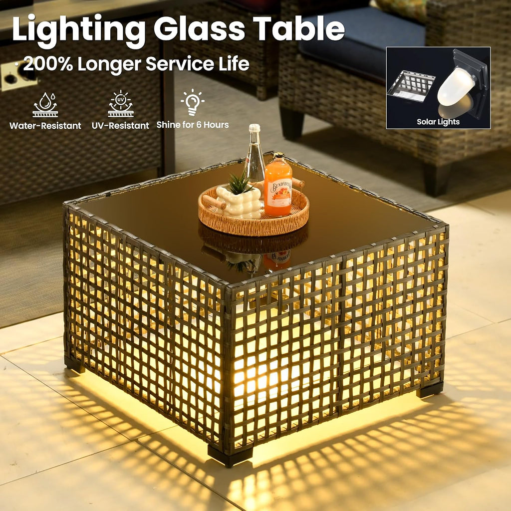 ovios Outdoor Side Table with Tempered Glass Top, Patio Wicker Rattan Solar Lights Tables for All-Weather Porch Deck Balcony Garden Poolside (Grey-Medium Size)