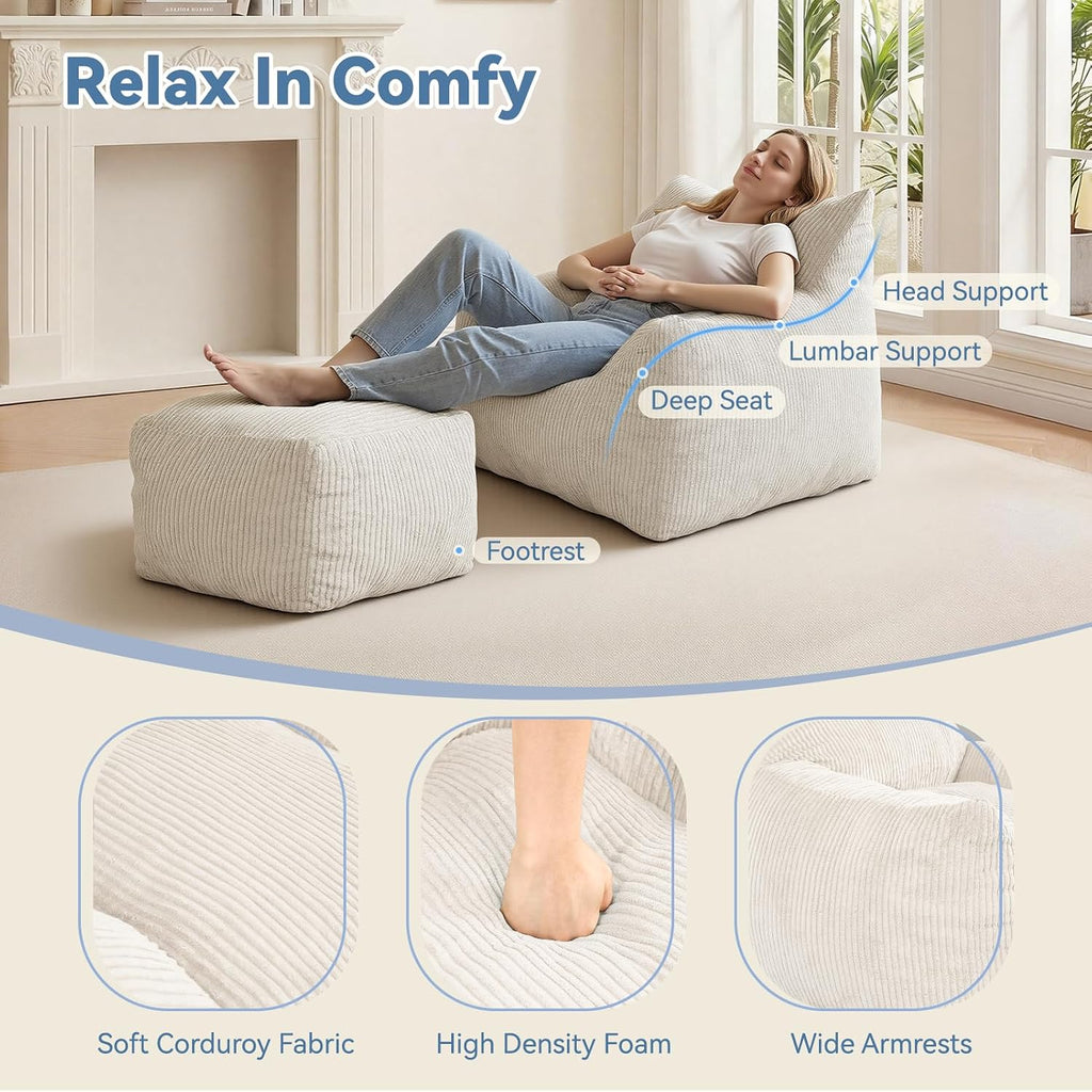Bean Bag Chair with Ottoman, Cloud Boneless Couch - Oversized Memory Foam Beanbag Set, Ultimate Gift for Adults & Teens, Plush Corduroy Comfy Lounge Sofa for Bedroom, Dorm & Living Room (Beige)