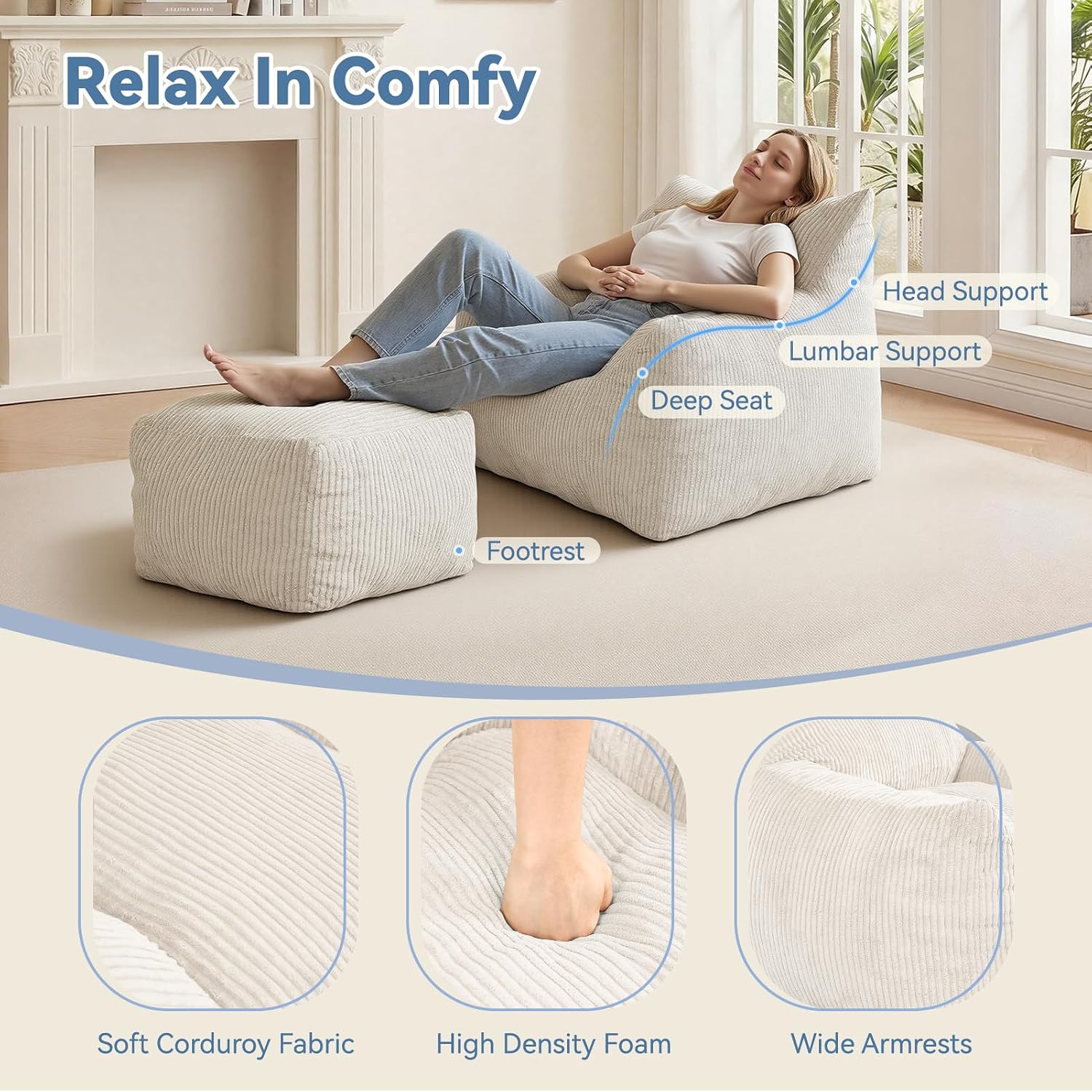 Bean Bag Chair with Ottoman, Cloud Boneless Couch - Oversized Memory Foam Beanbag Set, Ultimate Gift for Adults & Teens, Plush Corduroy Comfy Lounge Sofa for Bedroom, Dorm & Living Room (Beige)