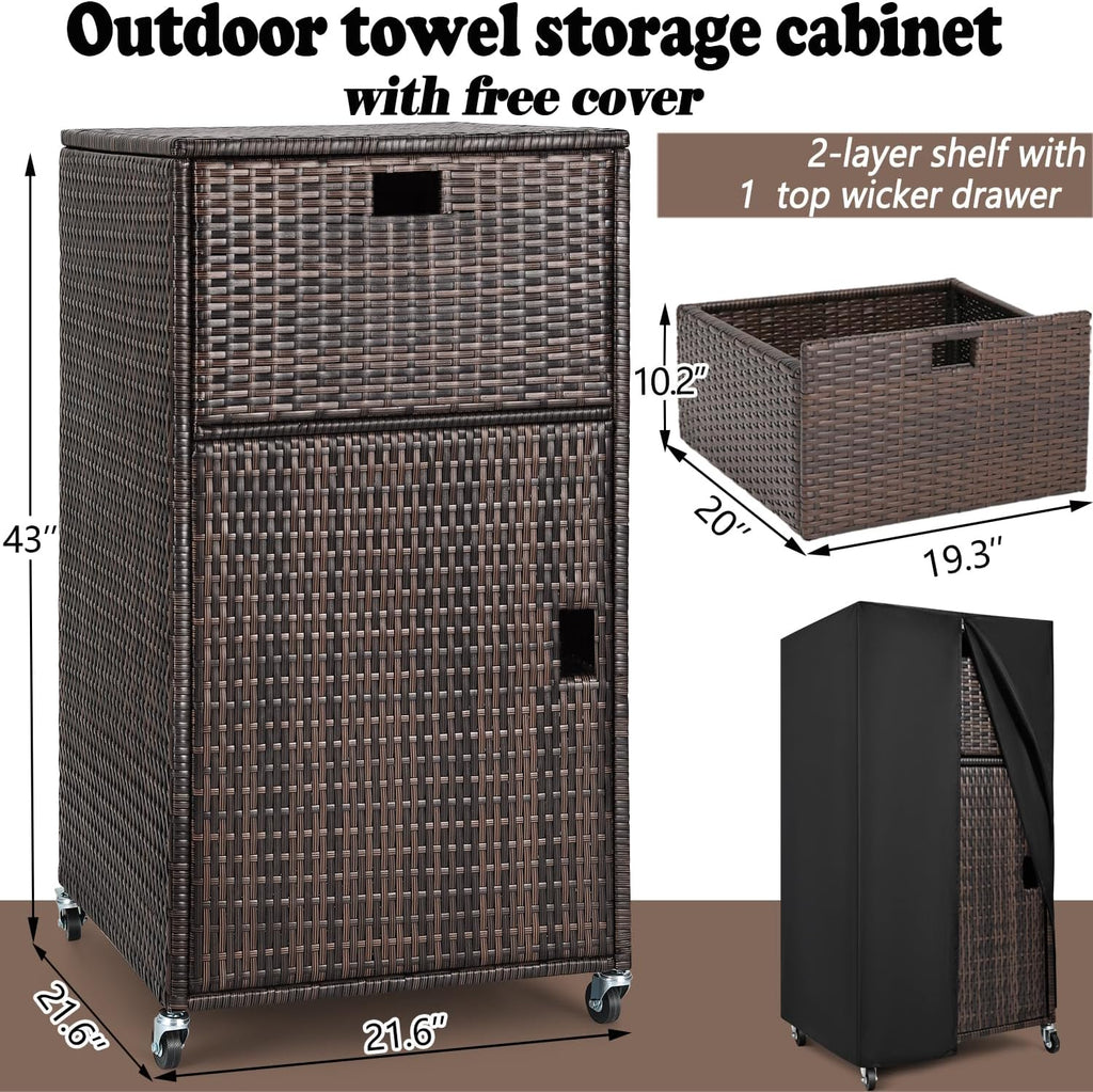 Outdoor Towel Rack for Pool Outdoor Pool Towel Storage Cabinet with Shelf & Drawer Pool Towel Holder with Rolling Wheels Hot Tub Towel Rack W/Waterproof Cover Poolside Towel Valet Caddy for Spa Brown