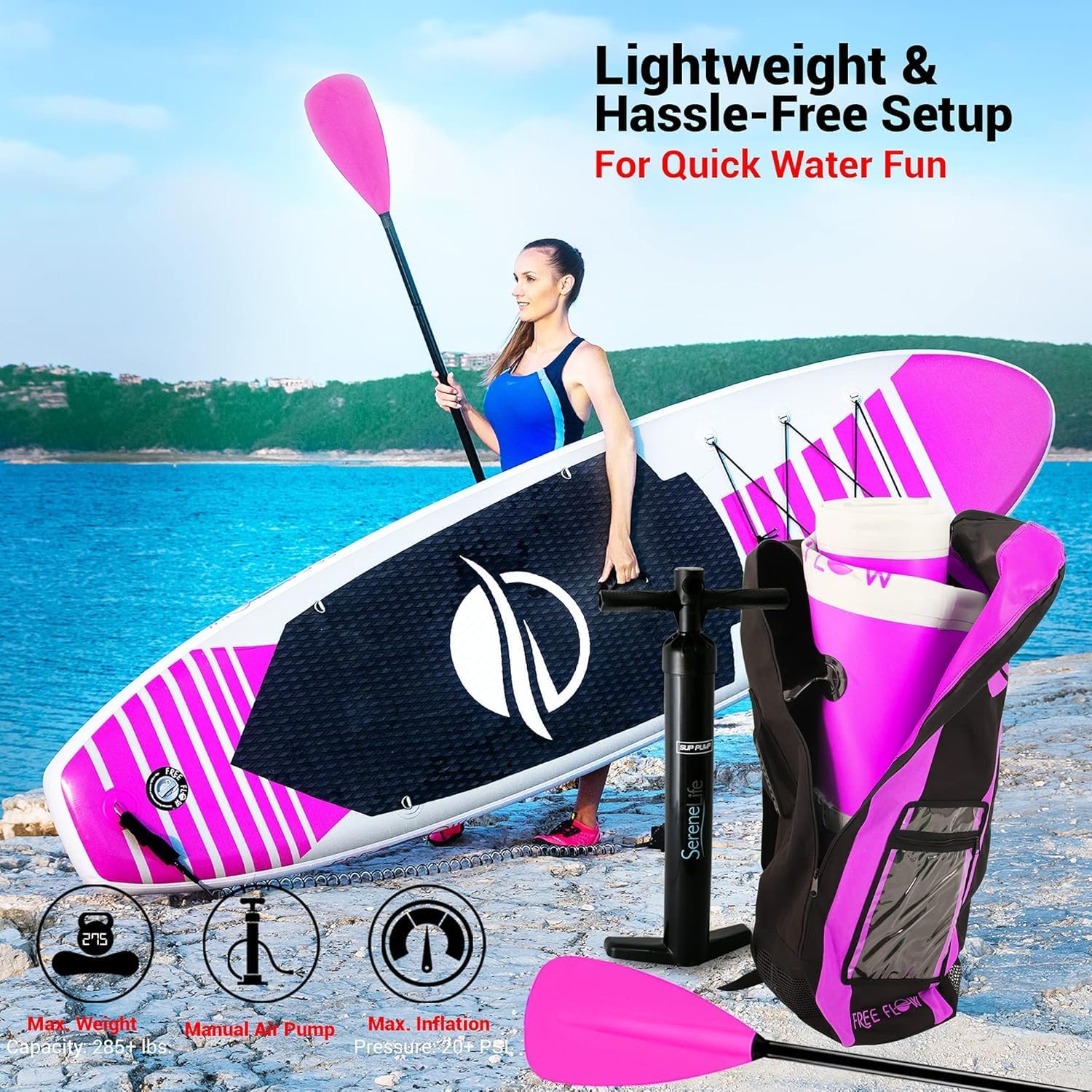 SereneLife Inflatable Stand Up Paddle Board and Detachable Seat - SUP Paddleboard Set for Adults and Youth, 32' Wide Design with Non-Slip EVA Deck Pad and Marine-Grade Materials, 350 lbs Capacity