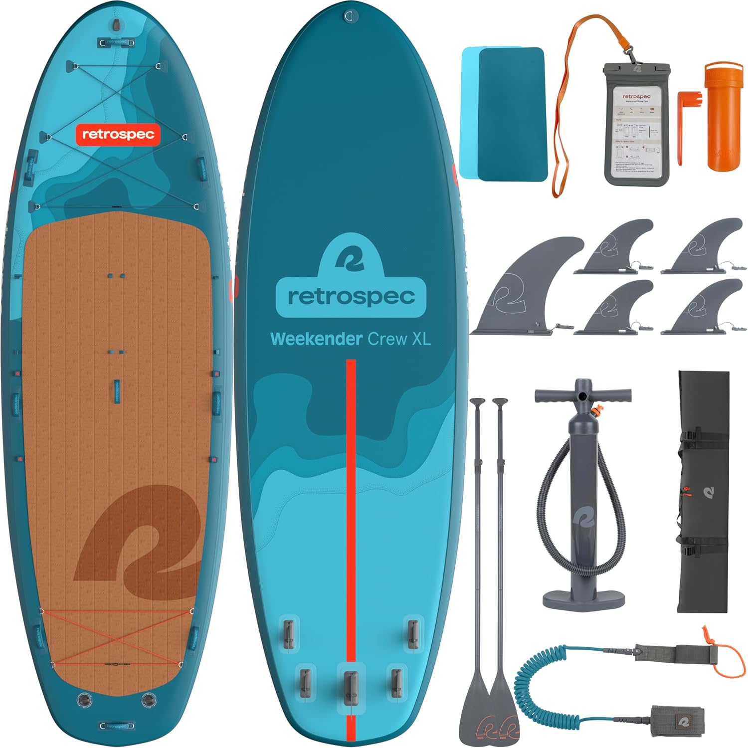 Retrospec Weekender Crew Inflatable Paddle Board - 12ft & 15ft XL Multi-Person iSUP with 400 & 1050lb Capacity & No-Slip Deck - Includes 2 Paddles & Accessories