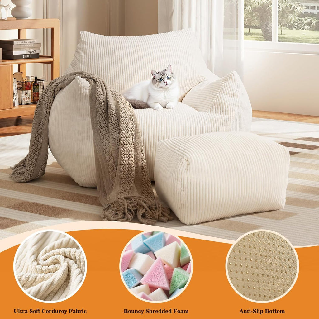 Big Bean Bag Chair for Adults, Ultra Soft Living Room Bean Bag with Armrests & Ottoman, Stuffed BeanBag Chair for Napping, Gaming, Vacuum-Compressed for Easy Gifting, 48h to Expand Beige