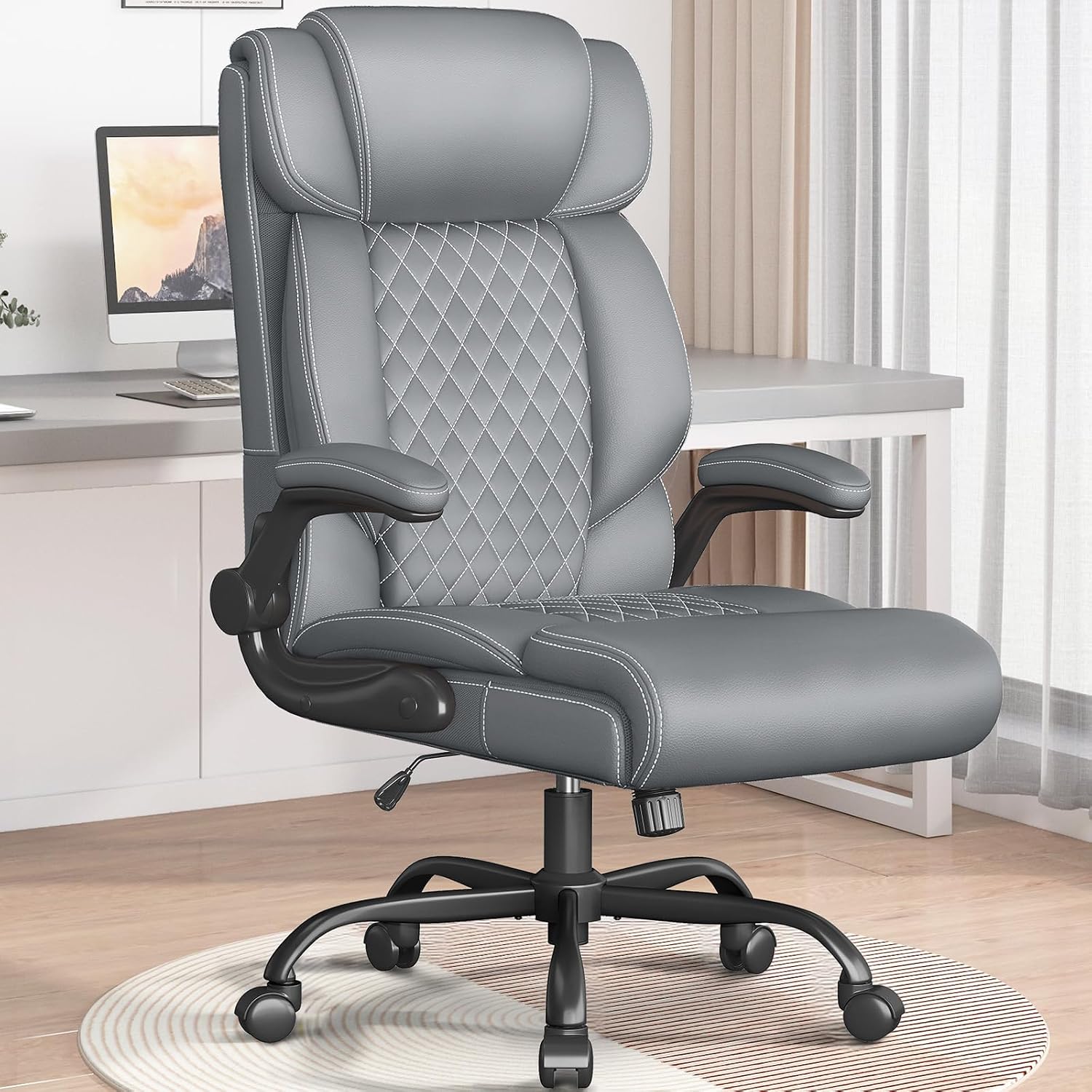Office Chair-Executive High Back Breathable Comfy Desk Chair with Flip-up Armrests Lumbar Support-Ergonomic Leather Rolling Swivel Chair with Rock Function for Working,2 Pack