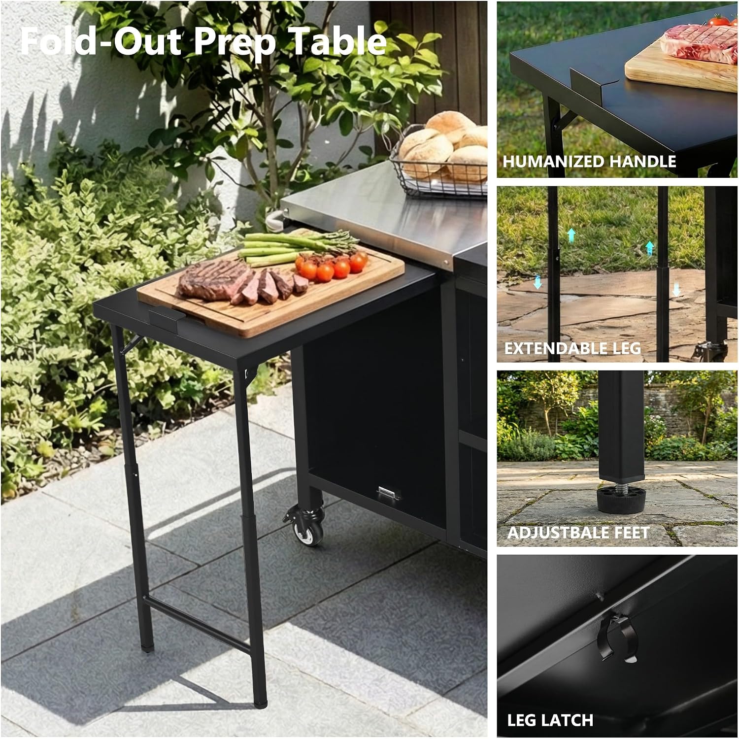 Merax 72.4' Large Grill Table for Large Big Green Egg, Metal Outdoor Grill Cart with Fold-Out Prep Table, Adjustable Shelves, Spice Rack, Outdoor Kitchen Island for Big Green Egg, Kamado Joe Classic
