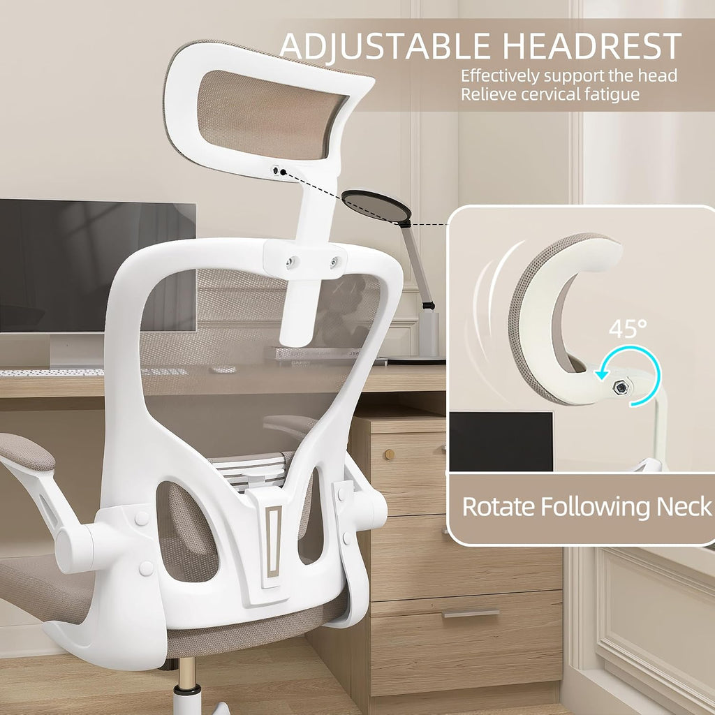 Monhey Ergonomic Office Chair, 90°-125° Tilt Back Home Desk Chair with 360° Swivel & Mute Wheels, High Back Mesh Computer Chair for Adults with Lumbar Support, 330 LBS Capacity (04White+Khaki)