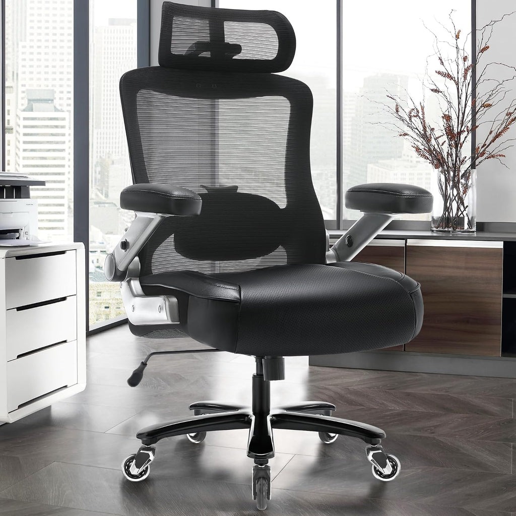 Big and Tall Office Chair 600lbs with 3D Flip Arms Adjustable Headrest - Heavy Duty Large Wheels Executive Computer Desk Chair, Ergonomic Lumbar Support Mesh High Back Plus Size Chair for Adults