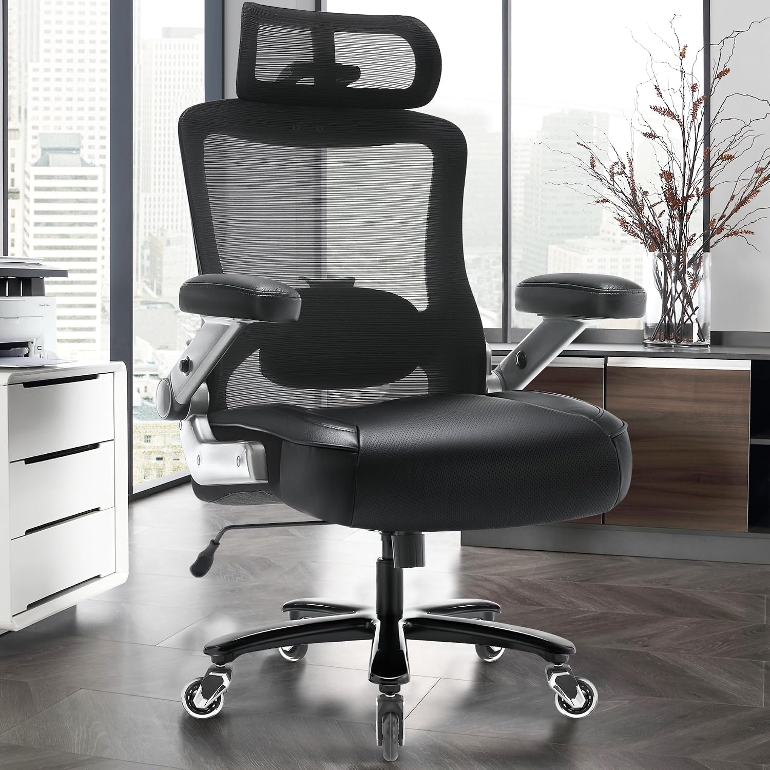 Big and Tall Office Chair 600lbs with 3D Flip Arms Adjustable Headrest - Heavy Duty Large Wheels Executive Computer Desk Chair, Ergonomic Lumbar Support Mesh High Back Plus Size Chair for Adults
