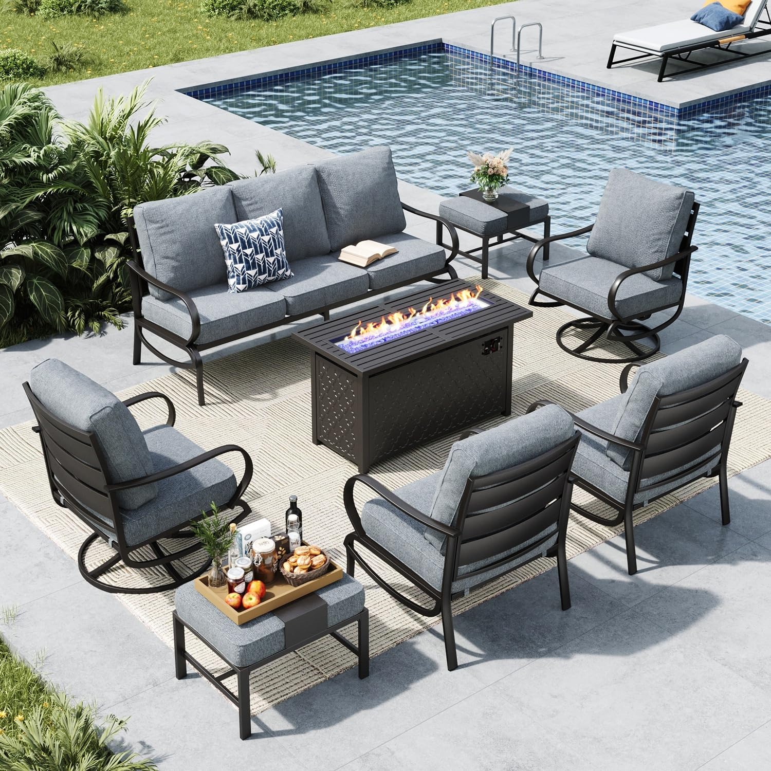MFSTUDIO Patio Furniture Sets with 45' Gas Fire Pit Table, 8 Pieces Outdoor Metal Conversation Set with 1 x 3-Seat Sofa, 2 Single Chairs, 2 Swivel Chairs and 2 Ottomans, Grey Cushion