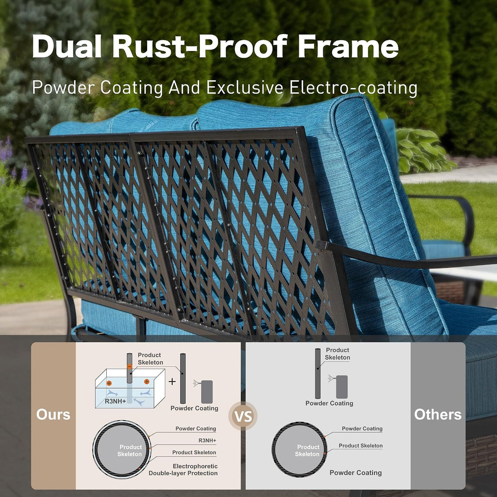 SUNSHINE VALLEY 4 Piece Black Metal Outdoor Patio Furniture Sets with Firepit Table, Patio Conversation Sets 1 3-Seater Sofa, 2 Swivel Sofa with 5.75' Thick Cushion Backyard Furniture for Deck, Blue-2