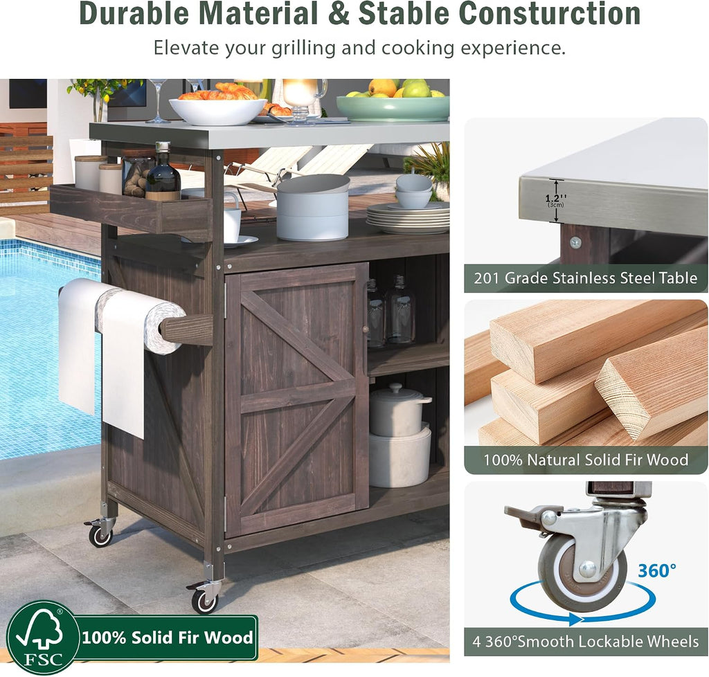Outdoor Grill Cart with Storage, Farmhouse Outdoor Storage Cabinet with Stainless Steel Top, Wood Bar Patio Kitchen Island with Spice Rack, Towel Holder, Hooks & Locking Wheels for Patio BBQ(Brown)