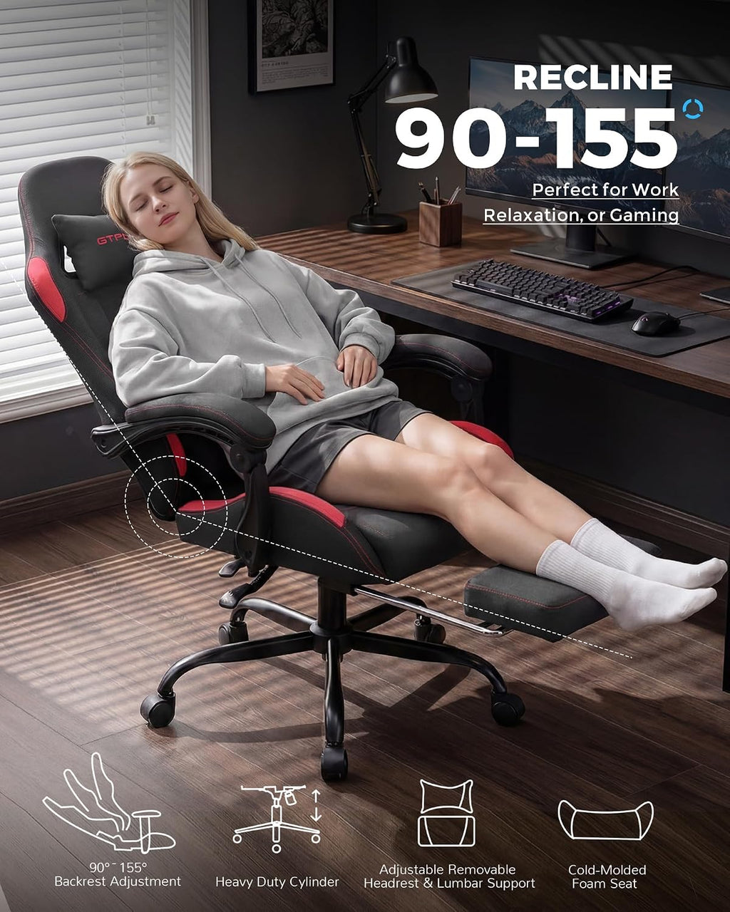 GTPLAYER Gaming Chair Fabric with Pocket Spring Cushion,Computer Office Chair with Lumbar Support for Adults Linkage Armrests and Footrest Ergonomic Gamings Chairs Height Adjustable RED