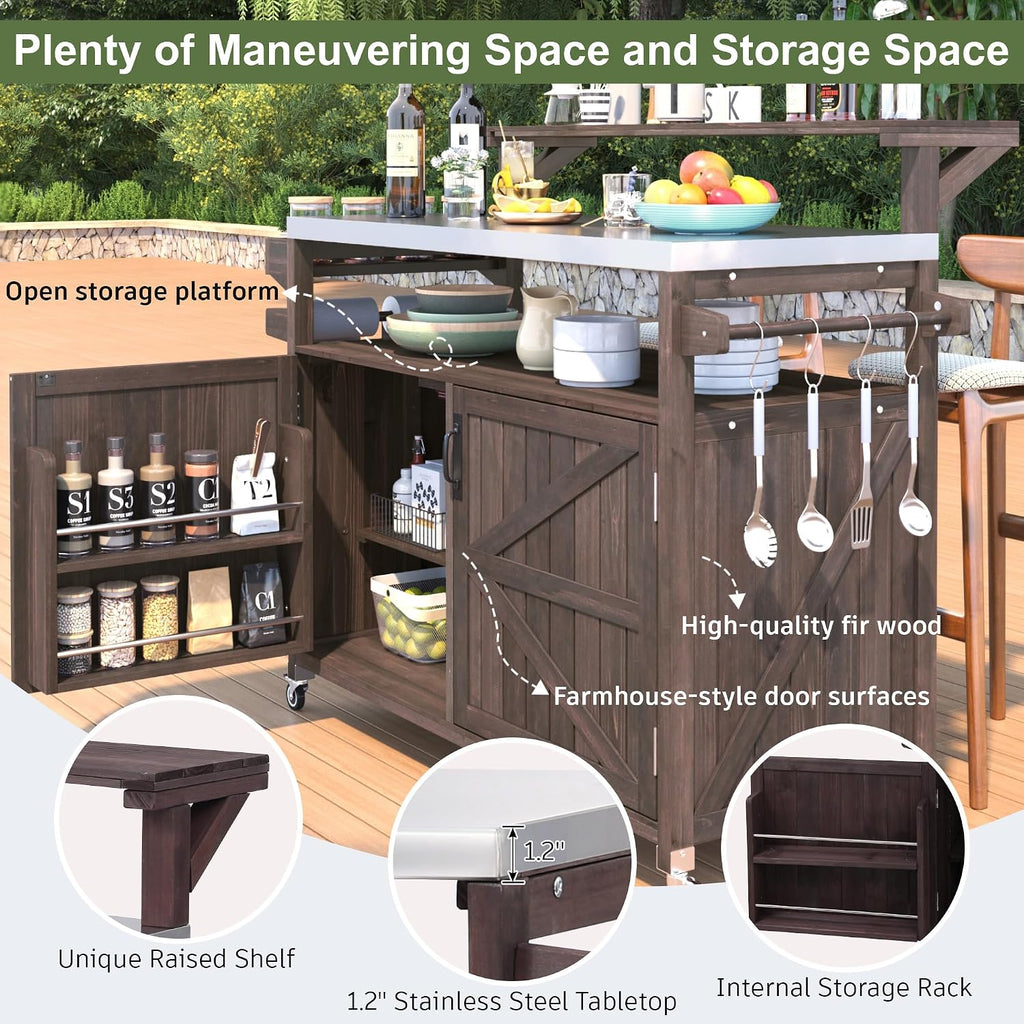 Merax 53.3' Outdoor Kitchen Island with Raised Shelf, Solid Wood Storage Cabinet with Stainless Steel Top, Rolling Grill Cart, Adjustable Shelf, Brown