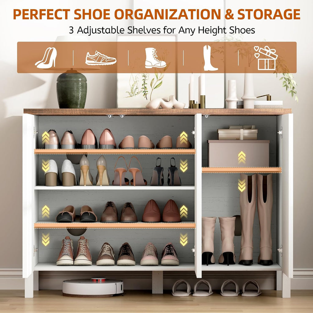 Vlsrka Shoe Cabinet with 3 Doors, Narrow Wooden Shoe Cabinet, Hidden Shoe Storage for Entryway, Foyer, Hallway (White B)