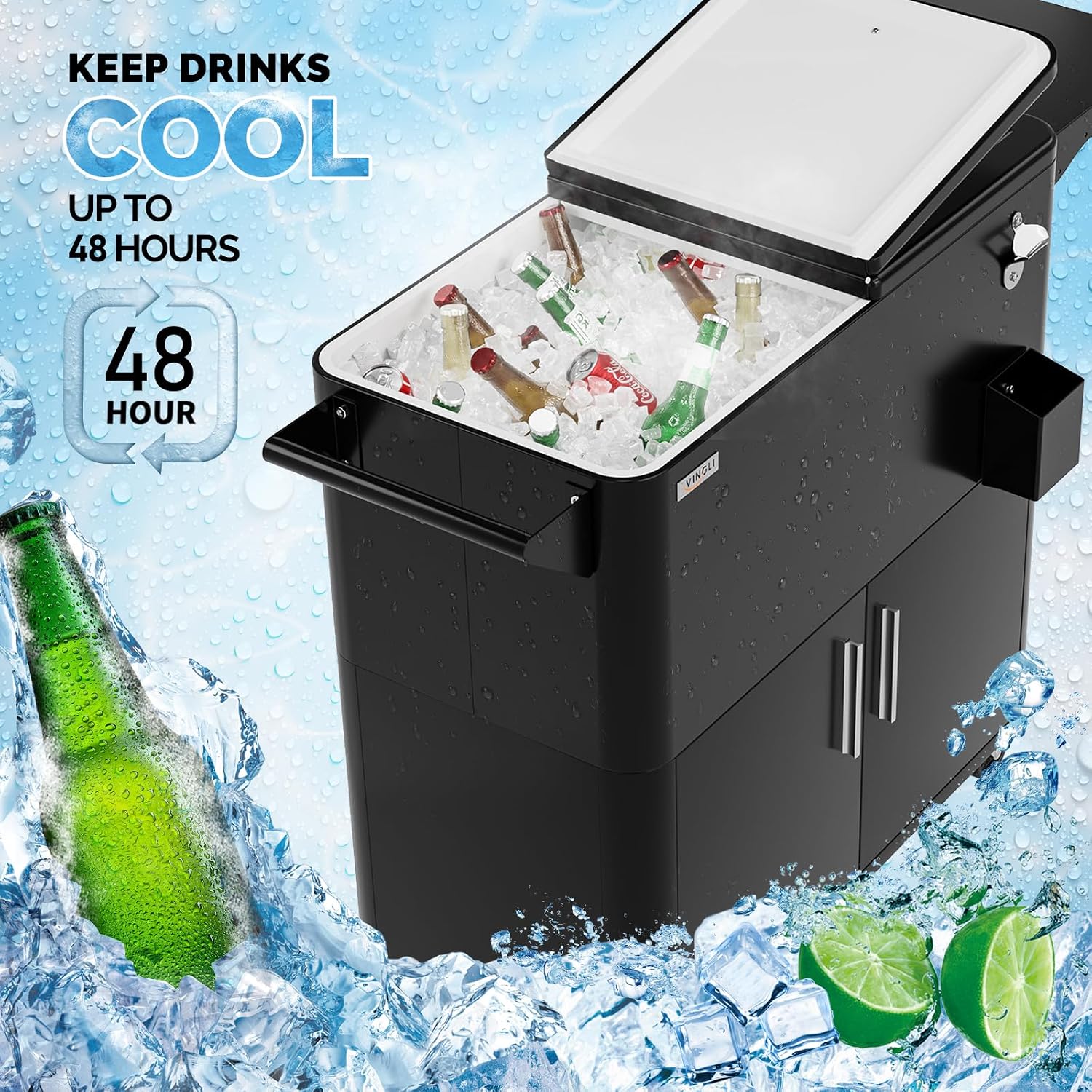 VINGLI Patio Cooler, Ice Chest with Storage Cabinet, Bottle Opener Drainage, Outdoor Cooler for Party, Deck, Pool