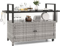 Tangkula Outdoor Bar Cart, Patiojoy Rolling Wicker Buffet Serving Cart with Tempered Glass Top, Storage Cabinet & 8 Hooks, Kitchen Island Cart on Wheels for Porch Backyard Garden Poolside (Mix Grey)