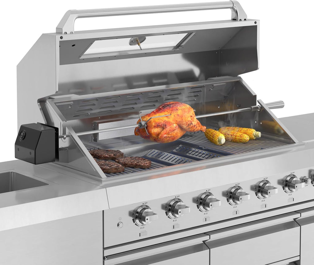 KoolMore Reserve Outdoor Kitchen Island with 6 Burner Grill and a Side Burner, Sink, Storage Cabinet and Beverage Refrigerator, CSA Listed in Stainless-Steel