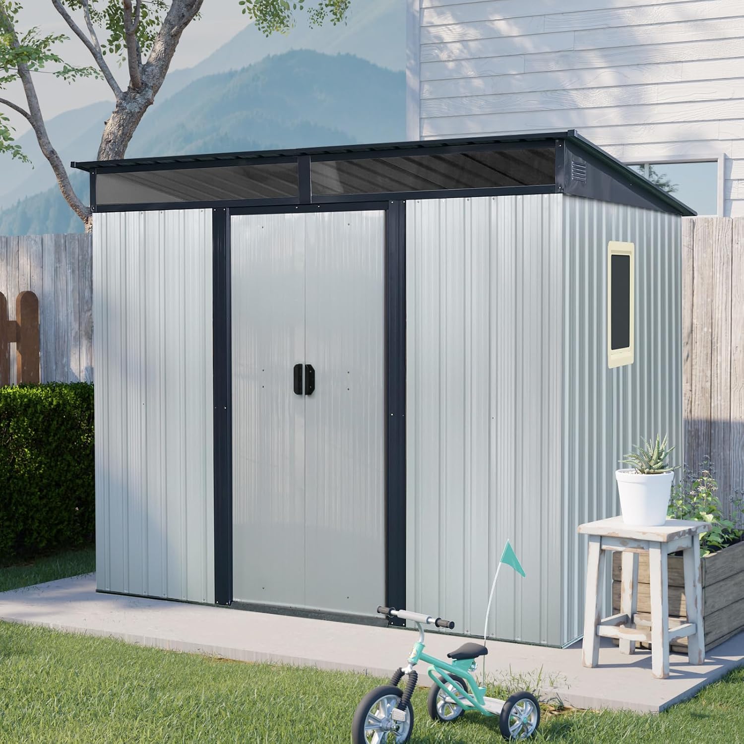 JT 8X6FT Outdoor Storage Shed, Galvanized Metal Garden Shed with Window and Metal Foundation, Tool Storage Shed for Patio Lawn Backyard (White-Black-with The window-8ftx6ft)
