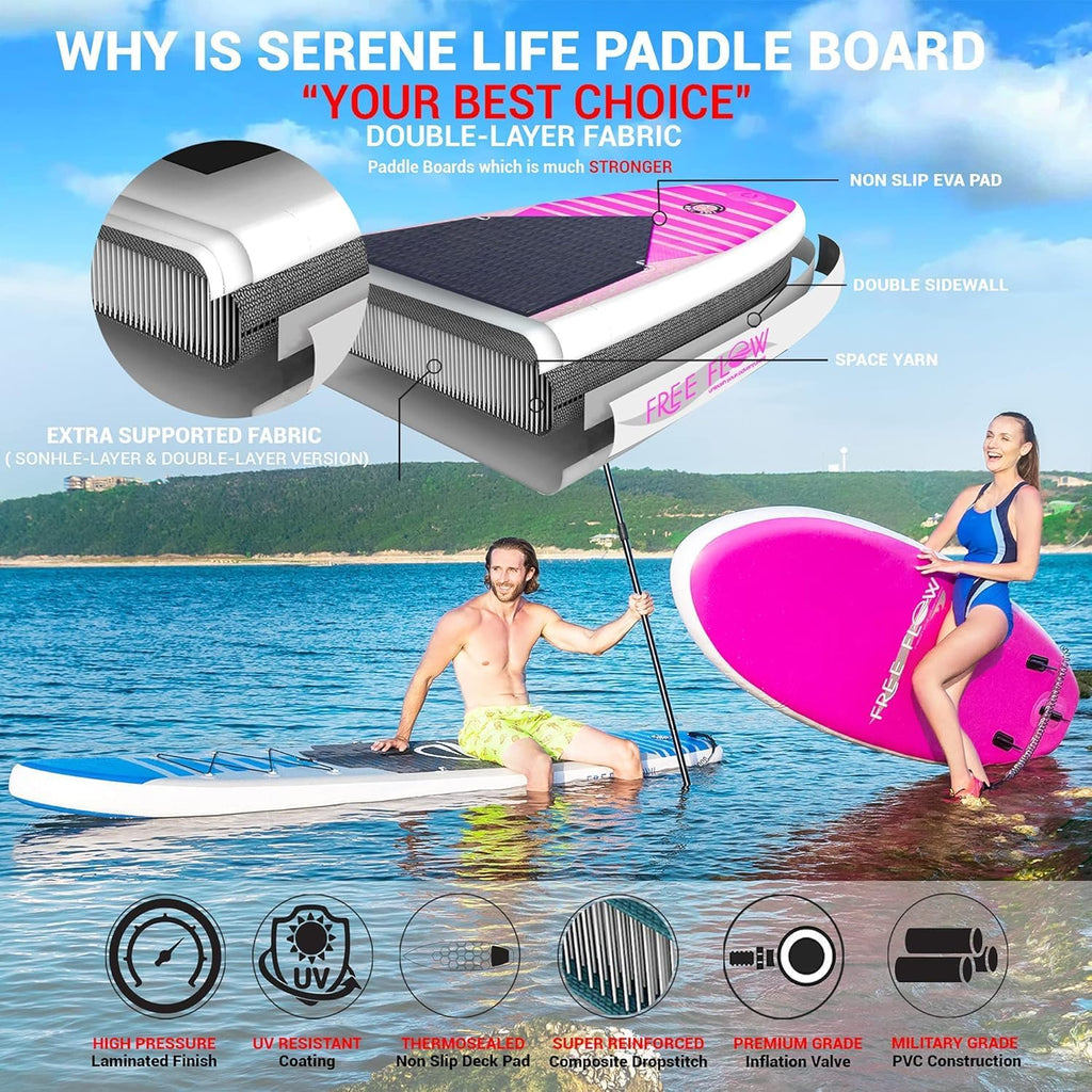 SereneLife 10' Inflatable Stand Up Paddle Board 2-Pack with Premium SUP Accessories – 32' Wide Stable Design with Non-Slip EVA Deck Pad for Youth and Adults, 350 lbs. Capacity Each