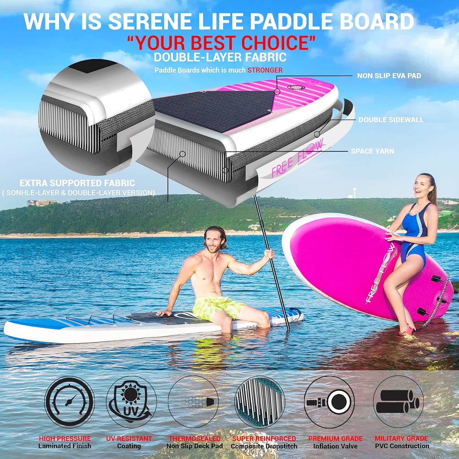 SereneLife 10' Inflatable Stand Up Paddle Board 2-Pack with Premium SUP Accessories – 32' Wide Stable Design with Non-Slip EVA Deck Pad for Youth and Adults, 350 lbs. Capacity Each