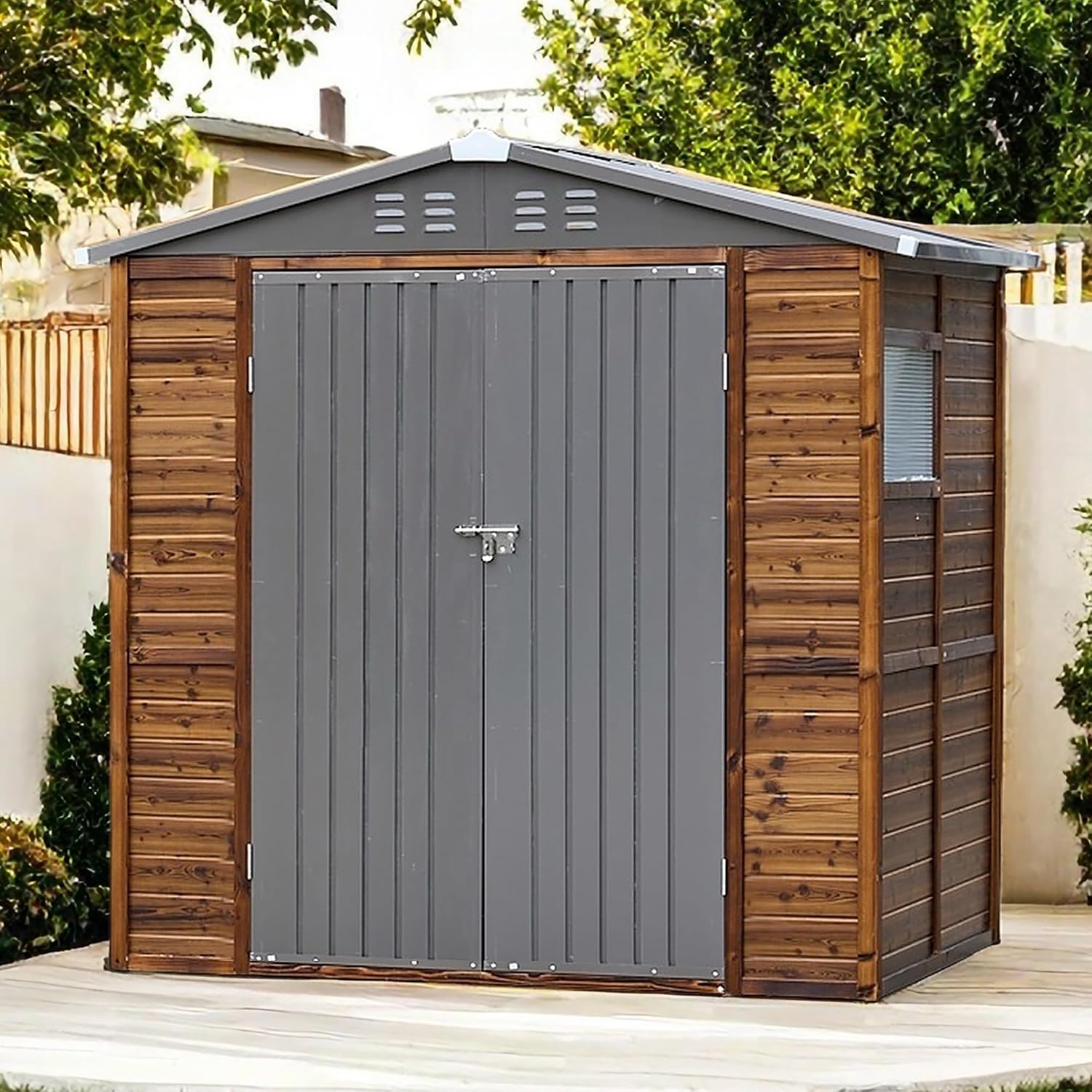 6x4 FT Outdoor Storage Shed with Windows, Wood & Metal Tool Shed Waterproof Storage House for Outside Patio, Garden, Backyard, 4 Vents (Without Floor) Wood Color