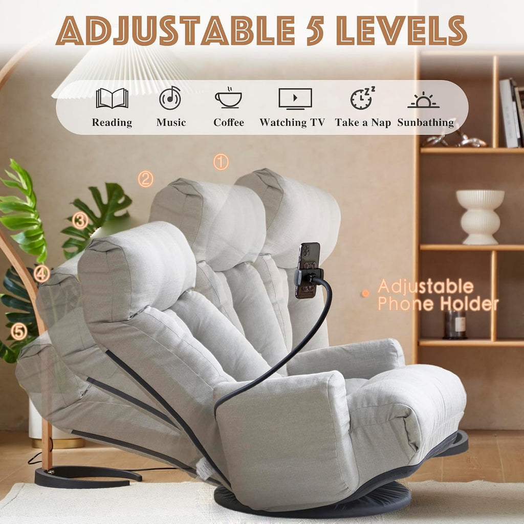 Floor Chair with Back Support, Swivel Gaming Chair with 5 Adjustable Position, Meditation Chair with Phone Holder, Linen Indoor Lounge Chair for Lazy Boys, Living Room, Bedroom, Lounge, Grey