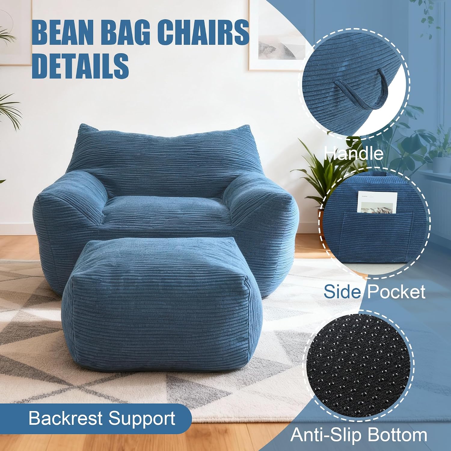Giant Bean Bag Chair with Ottoman, Comfy Bean Bag Couch with 2 Side Pocket, Corduroy Boneless Couch Chair in a Box, Stuffed Lounge Floor Sofa for Dorm, Bedroom, Living Room, Blue