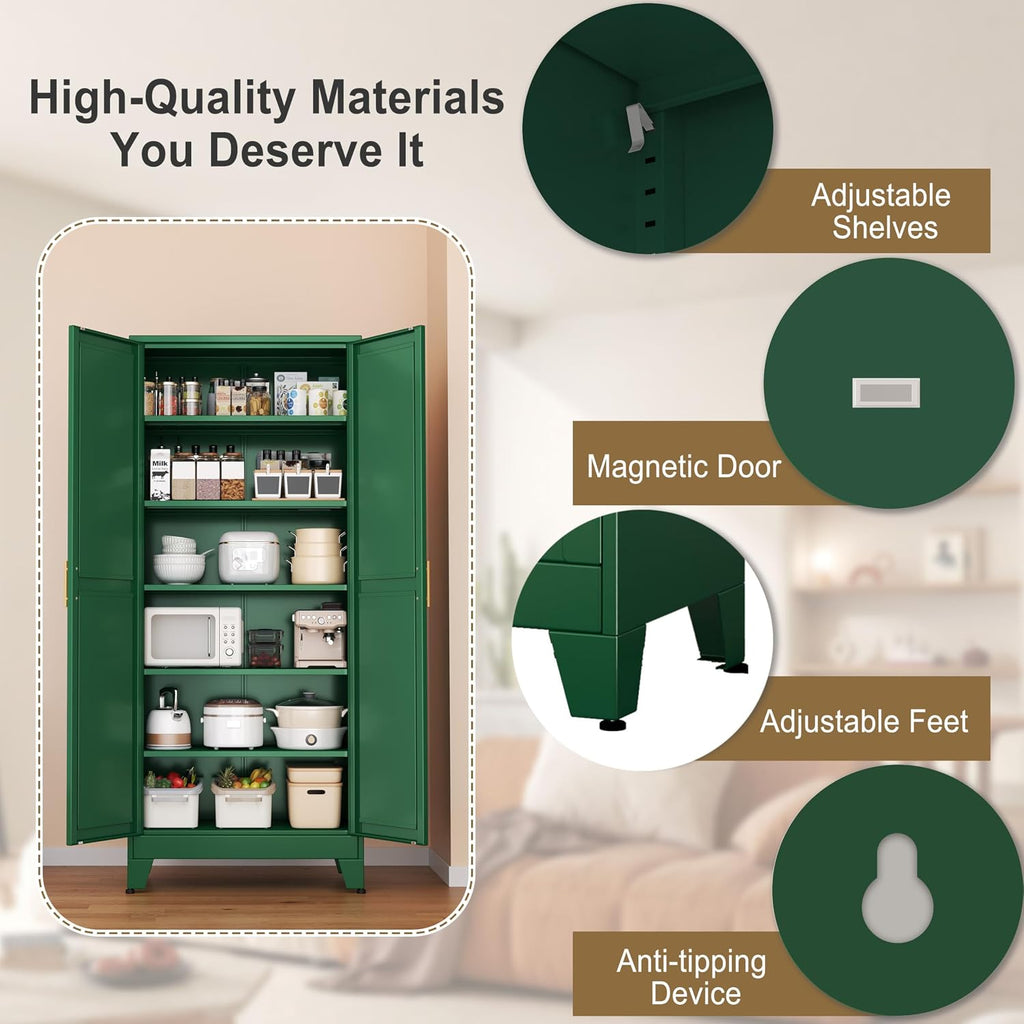 pozdeg 75' Tall Pantry Cabinet, Metal Kitchen Storage Cabinet with 2 Doors and 5 Adjustable Shelves, White Storage Cabinet Cupboard for Kitchen, Dining Room, Living Room and Bathroom (Green)
