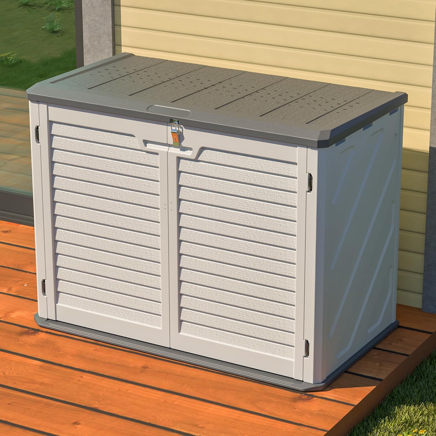YOPTO Outdoor Storage Shed Horizontal Plastic Shed W/Lockable Cabinet,Weather Resistance Foldable House W/Sloped Roof & Dual-Locking Mechanism,28 Cu.ft Garden Tool House for Backyards,Patio,White