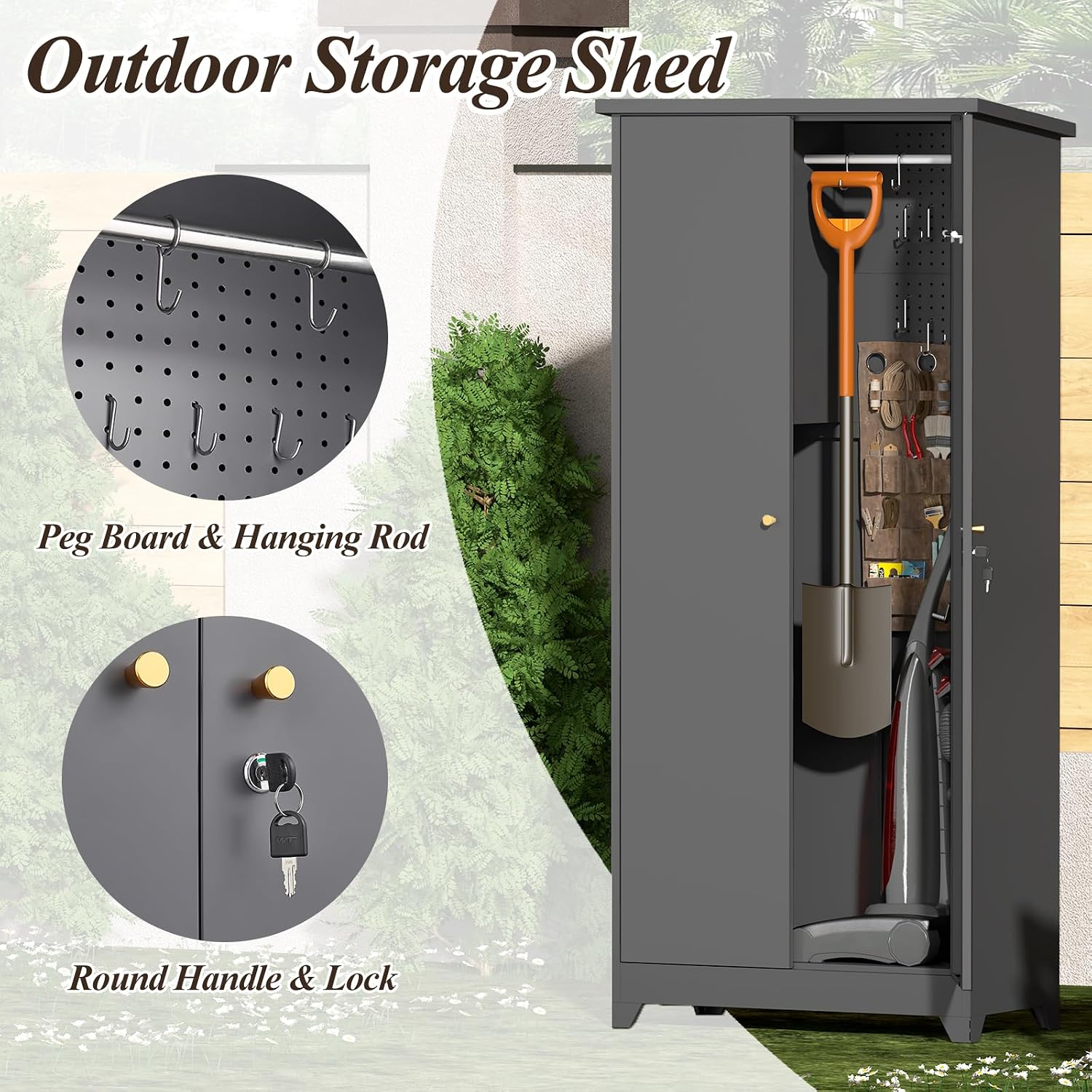 GREATMEET 72.8' Outdoor Broom Storage Cabinet, Metal Storage Cabinets for Cleaning Supplies with Slanted Roof, Utility Closet, Waterproof Outdoor Shed for Broom Mop, Grey