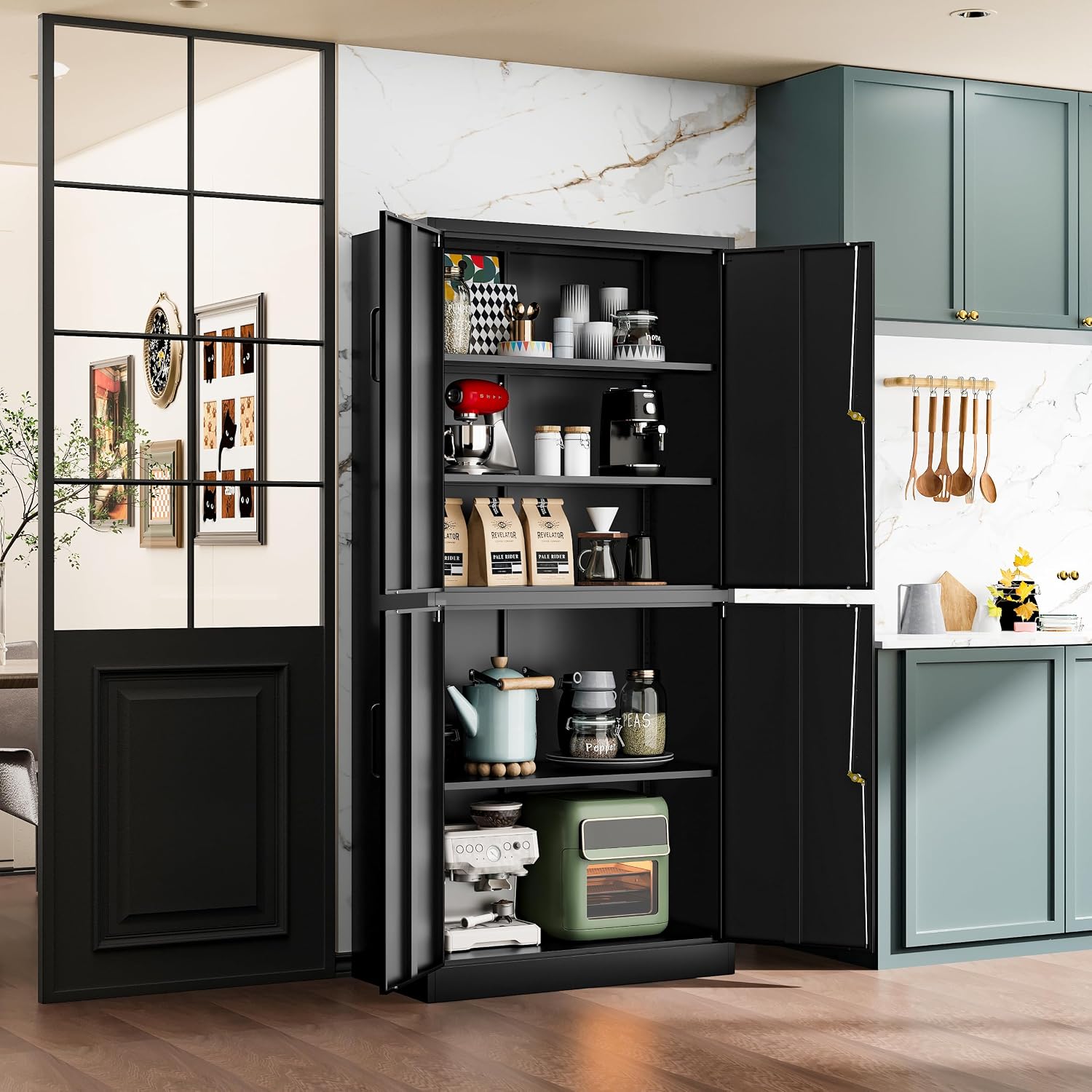 Fesbos 71' Metal Storage Cabinet-Lockable File Garage Tool Cabinets with Doors and Shelves-Tall Black Steel Cabinet for Garage-Heavy Duty File Storage for Office, Gym, School