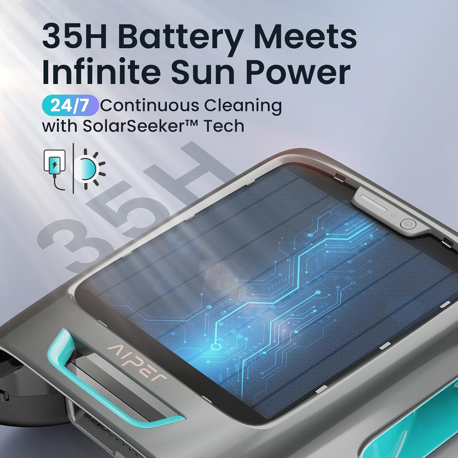 AIPER EcoSurfer S2 Solar Powered Pool Surface Skimmer Robot with APP Support, 24/7 Continuous Cleaning, Dual Charging Modes, Smart Obstacle Avoidance, 150-um Filtration, OTA Upgrade, Blue