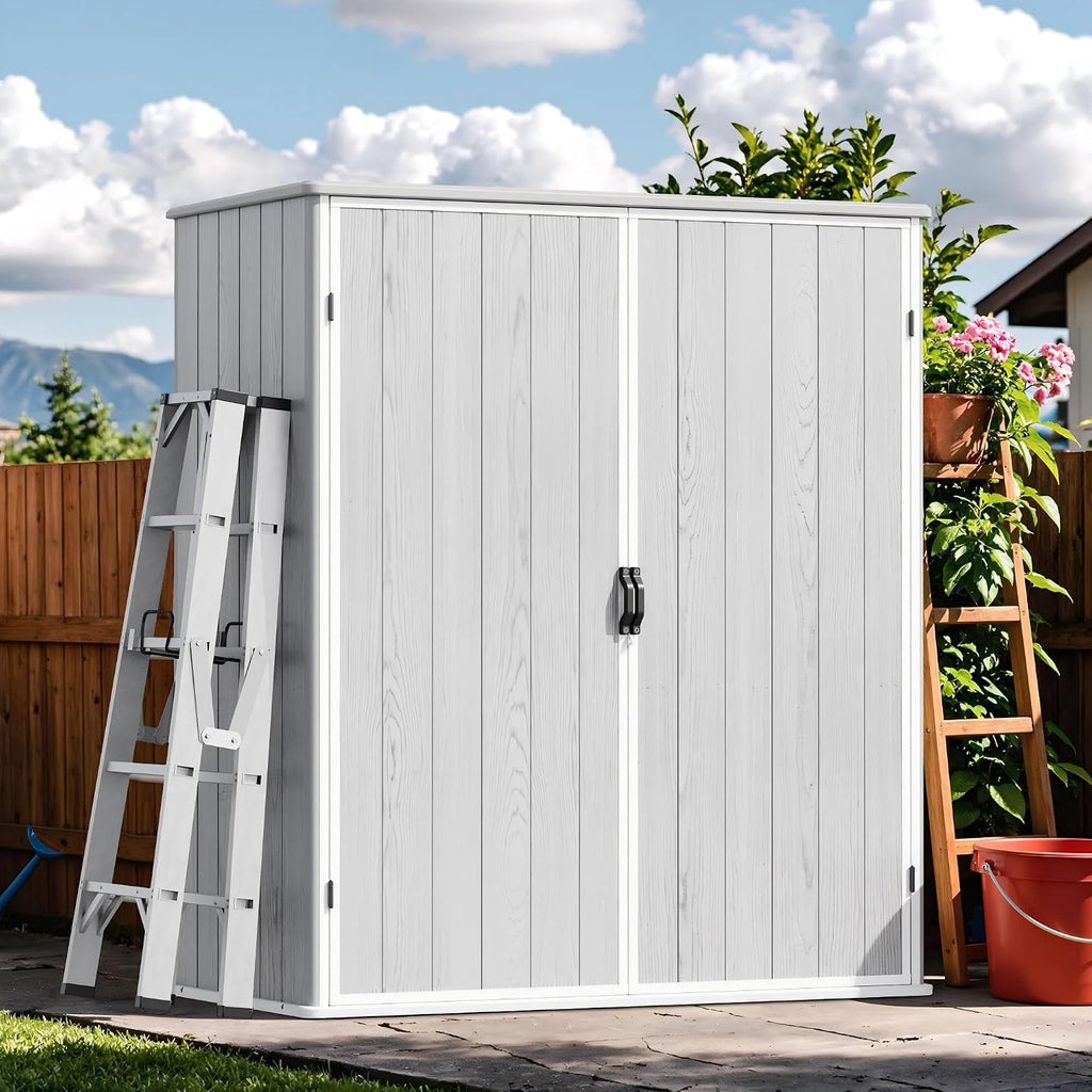 Devoko 5x3 FT Plastic Storage Shed with Floor, Small Resin Vertical Outdoor Storage Cabinet with Lockable Door, Waterproof Tool Garden Shed for Patio Lawn Backyard, Light Gray