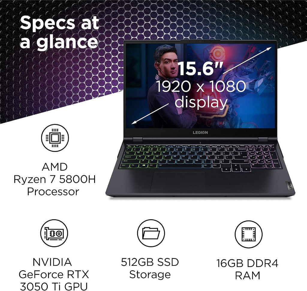 Lenovo Legion 5 Gaming Laptop, 15.6' FHD Display, AMD Ryzen 7 5800H, 16GB RAM, 512GB Storage, NVIDIA GeForce RTX 3050Ti, Windows 10H, Phantom Blue