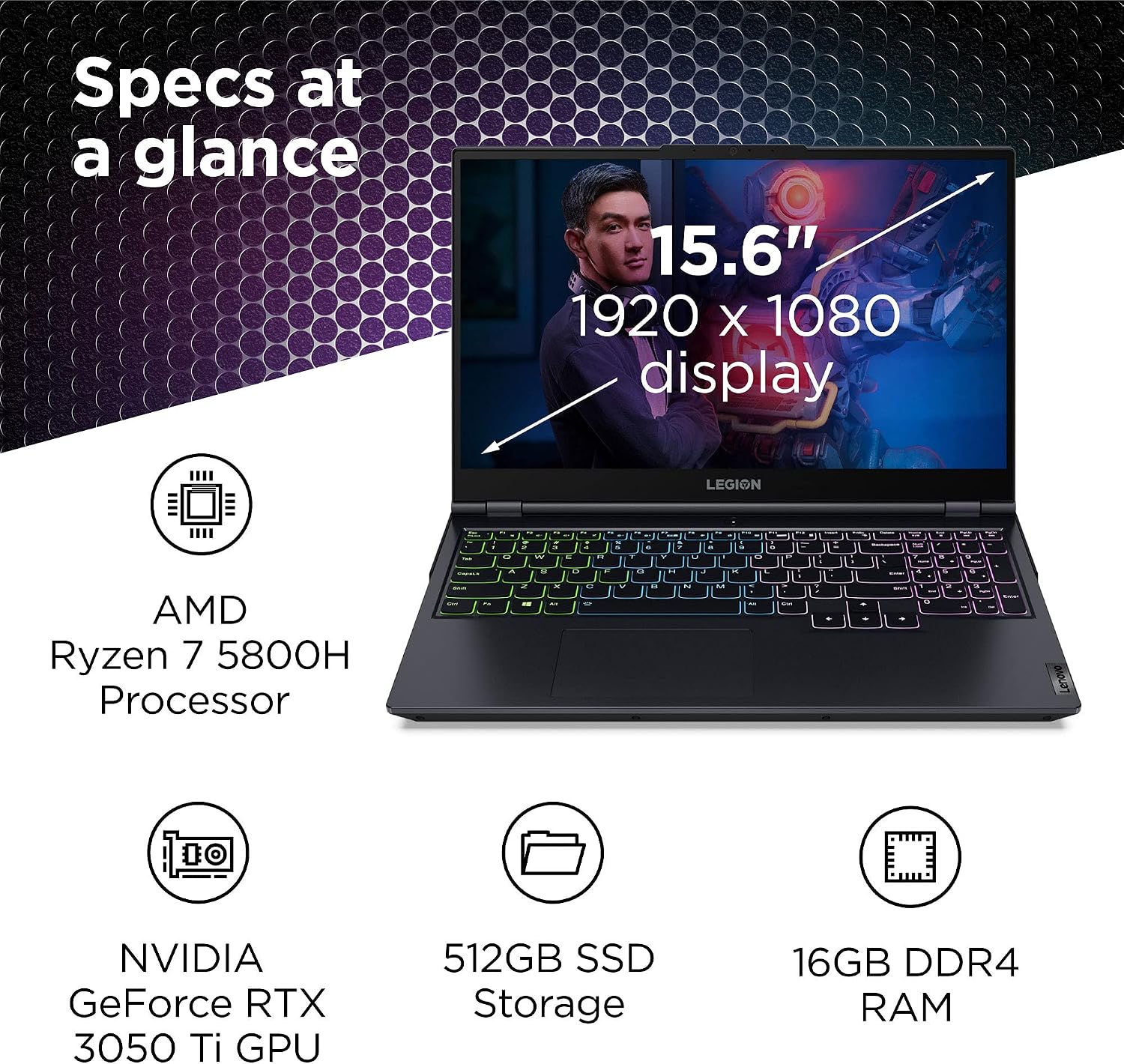 Lenovo Legion 5 Gaming Laptop, 15.6' FHD Display, AMD Ryzen 7 5800H, 16GB RAM, 512GB Storage, NVIDIA GeForce RTX 3050Ti, Windows 10H, Phantom Blue