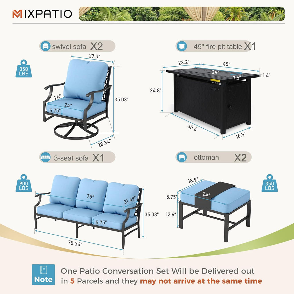 MIXPATIO Patio Furniture Set, 6 Pcs Metal Outdoor Conversation Set, 2 Swivel Chairs, 2 Ottomans and 3 Seater Sofa with 5.75' Extra Thick Cushion and Gas Fire Pit Table, Blue