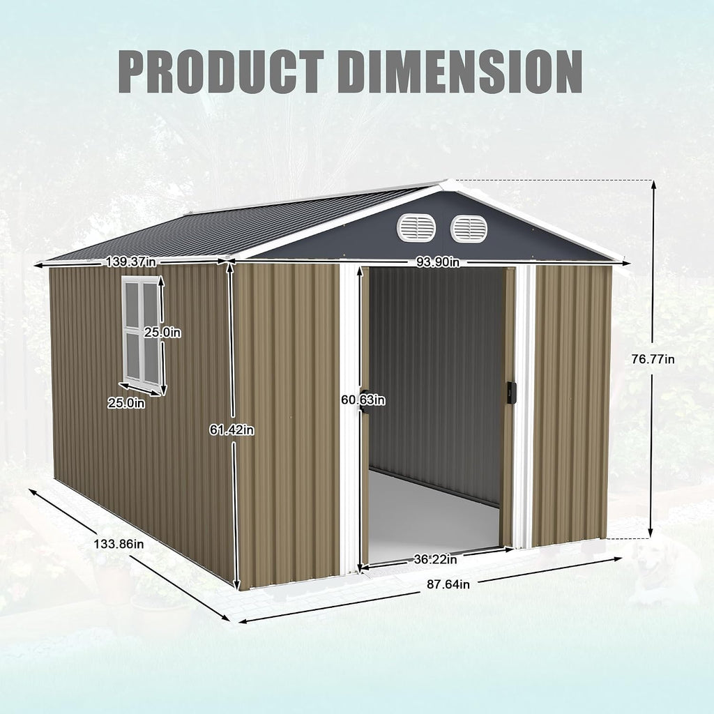 KEIKI 8x12 FT Heavy-Duty Outdoor Storage Shed, Metal Shed with Reinforced Frame, Lockable Doors & Air Vents, Weatherproof Garden Tool Shed for Backyard, Brown
