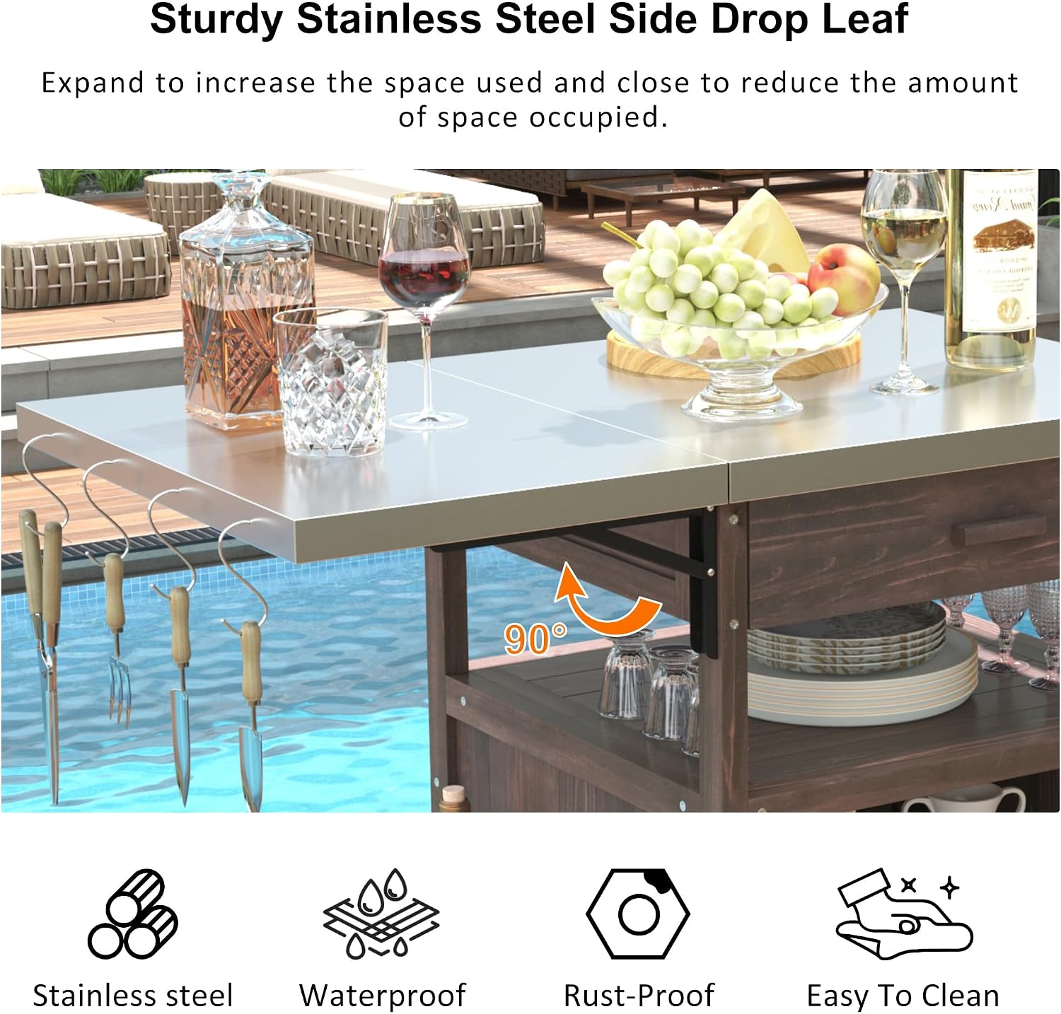 LUMISOL Outdoor Grill Cart with Stainless Steel Top, 40.5' Outdoor Rolling Kitchen Island with Drop Leaf, Drawer and Towel Rack, Outdoor Storage Cabinet with Lockable Wheels, Brown