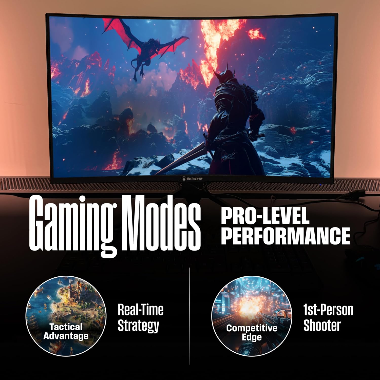 Westinghouse 32 Inch Curved Gaming Monitor, 240Hz, 1ms, FHD 1080P, 1500R, 3000:1 Contrast Ratio, 118% sRGB, AMD FreeSync, Eyecare, for PC Games with Built-in Speakers, DisplayPort, HDMI-Black